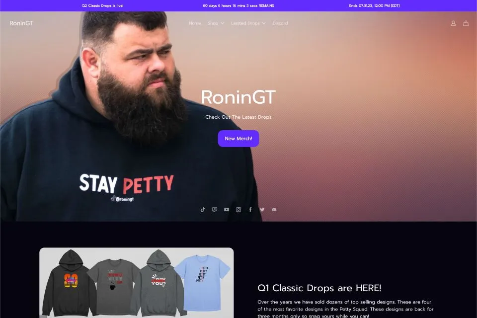 A screenshot of RoninGT's home page