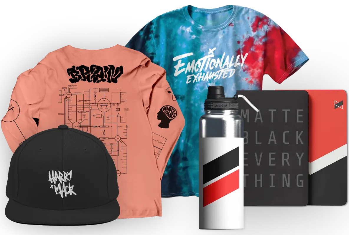 An image that shows off different products created in the Fourthwall product catalog