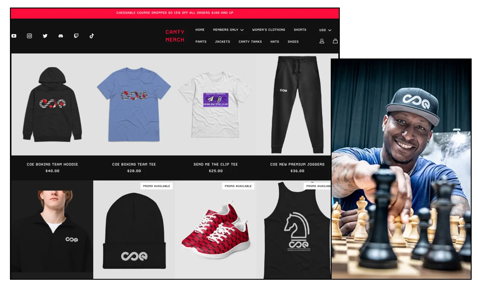 An image of GMCanty, the pro chess player, and his Fourthwall merch site