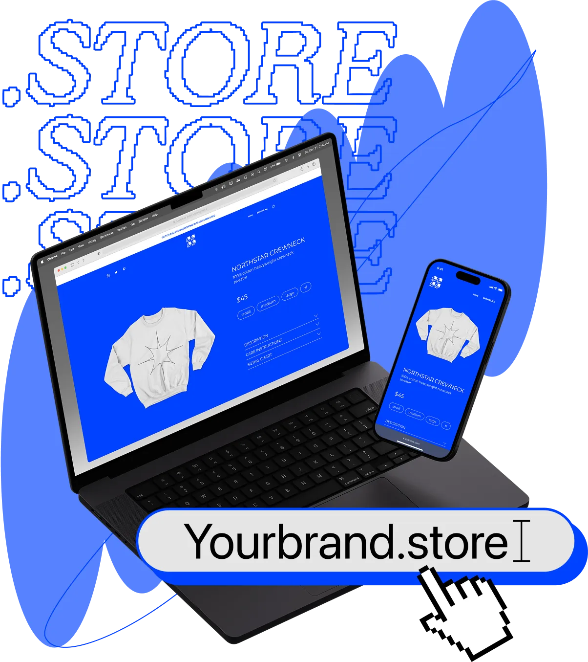 laptop displaying a mock .store website 
