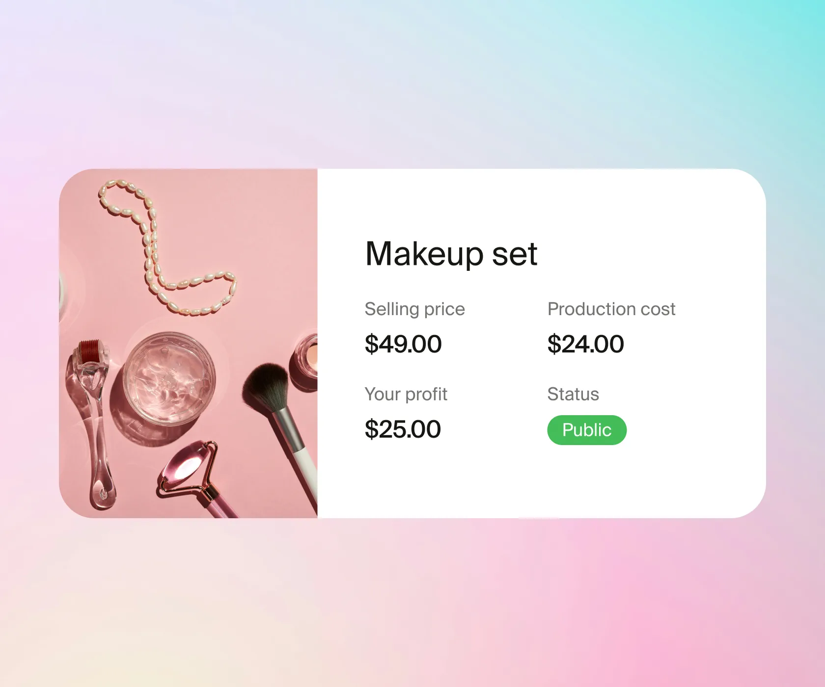A product listing showing selling price, production cost and profit