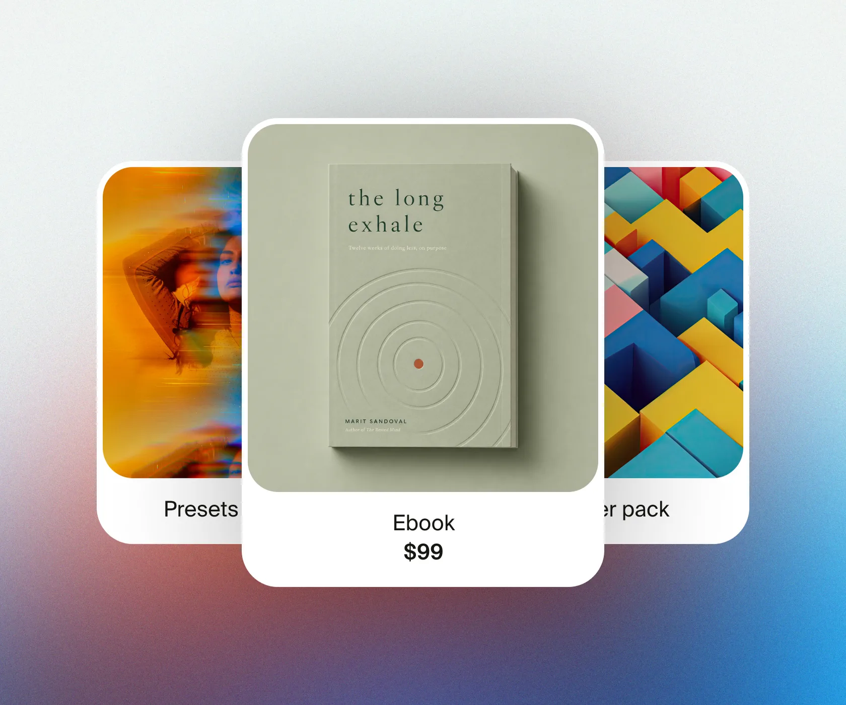 Digital product cards for presets, an ebook and a sticker pack
