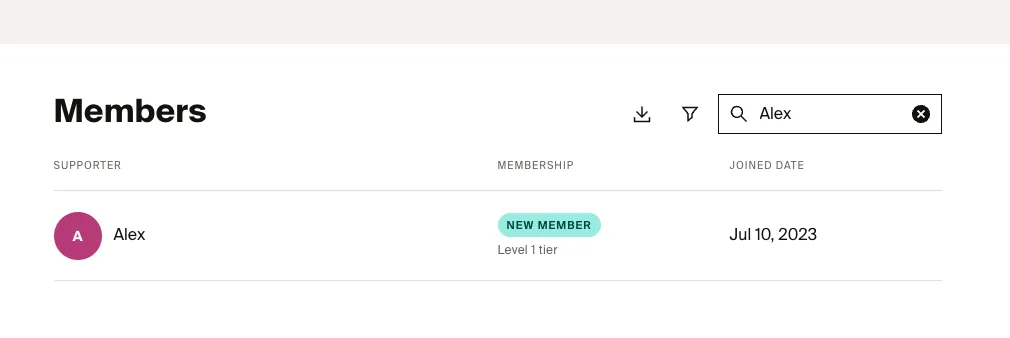 Screenshot showing how searching the Members tab works