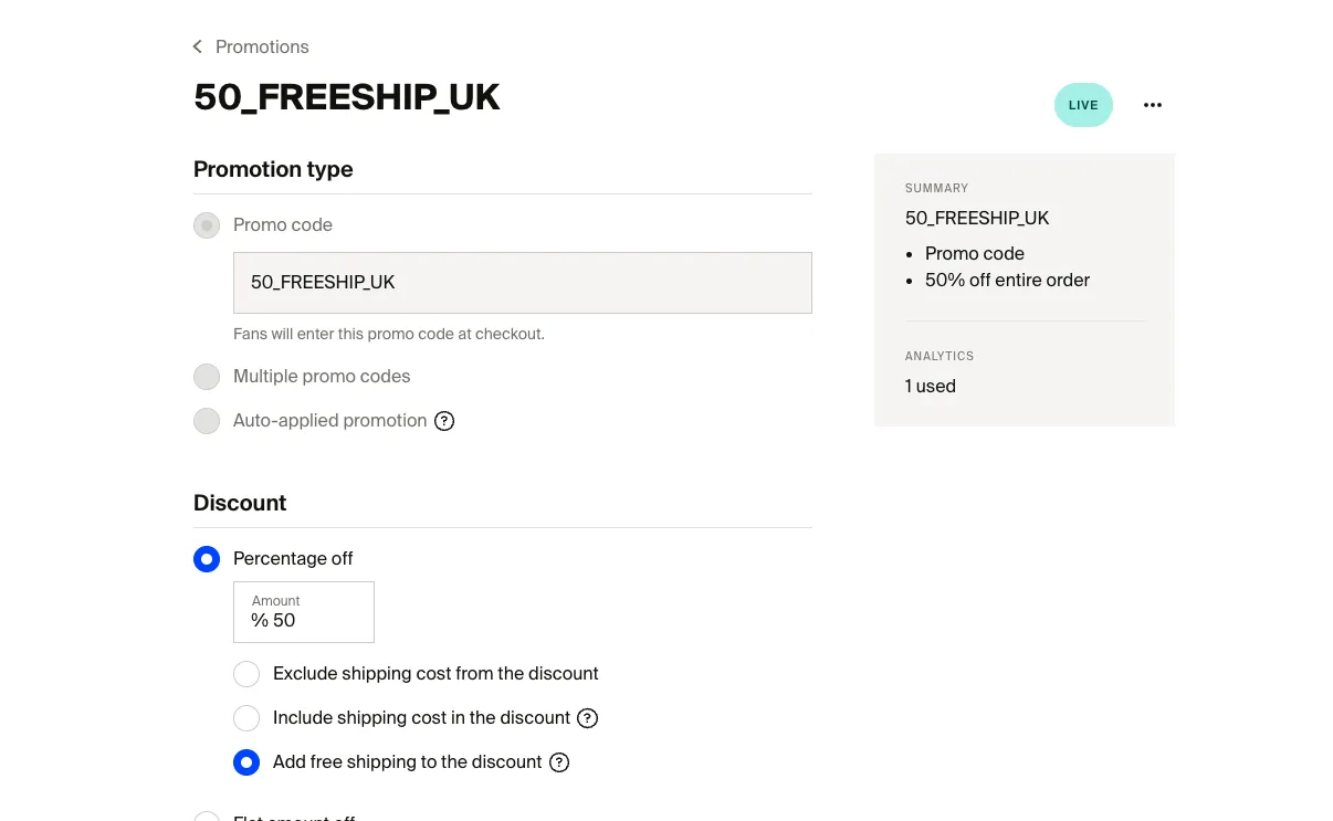 Screenshot of the promotions editing screen for a live promotion code