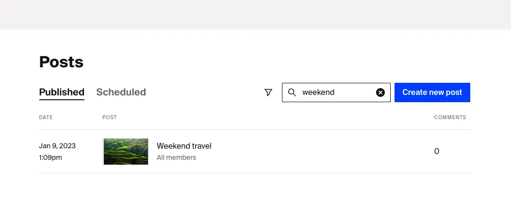 Screenshot showing how searching the Posts tab works