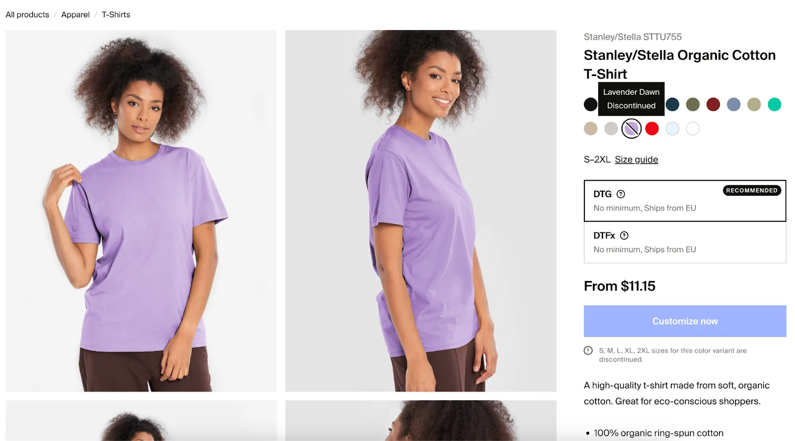 Screenshot of the product catalog showing a discontinued color