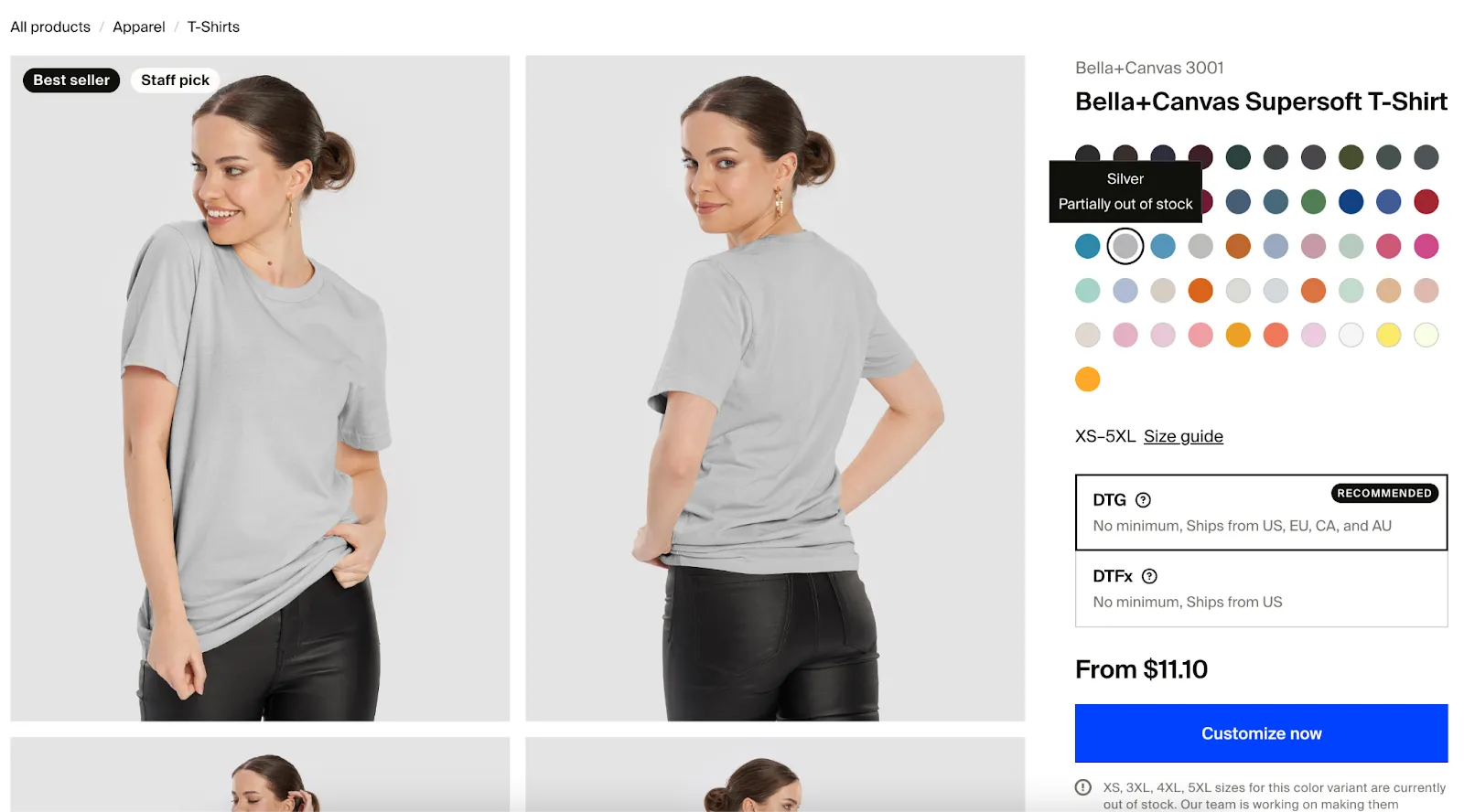 Screenshot of the product catalog showing partially out-of-stock product