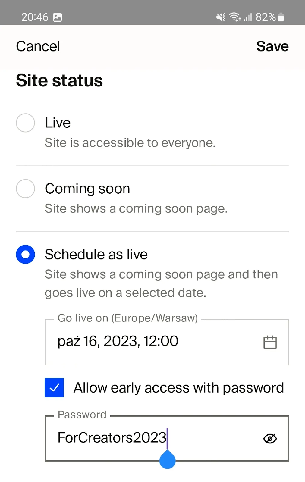 Screenshot from the Fourthwall for Creators Android app, showing how you can change your site status from the app.