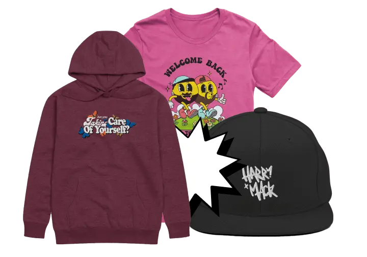 An image showing a hoodie, shirt, and hat that were all designed with the Fourthwall product designer