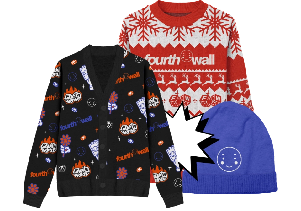 An image showing a custom cardigan, a custom beanie, and a custom ugly sweater