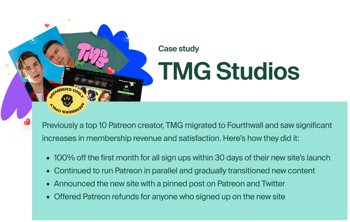 A brief case study explaining how TMG Studios successfully migrated their memberships from Patreon to Fourthwall