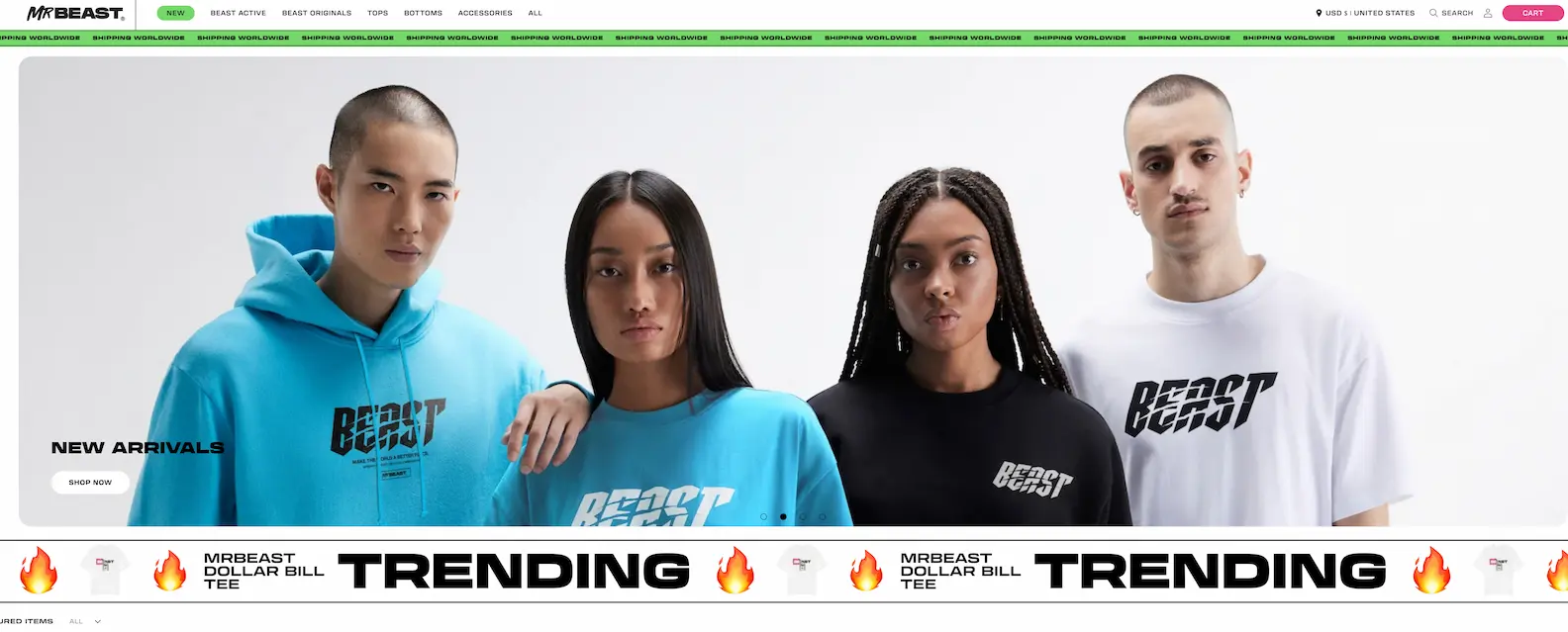A screenshot of MrBeast's ecommerce shop