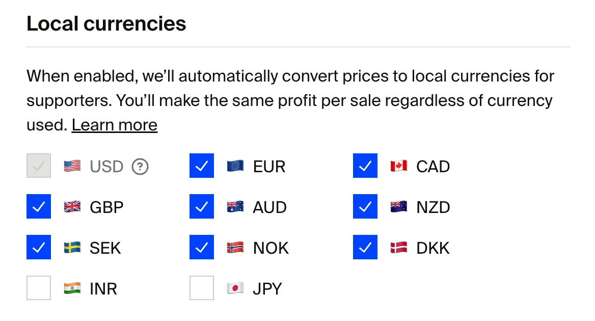 A screenshot showing Japanese Yen available in the "Local currencies" section of the Checkout tab on the admin dashboard