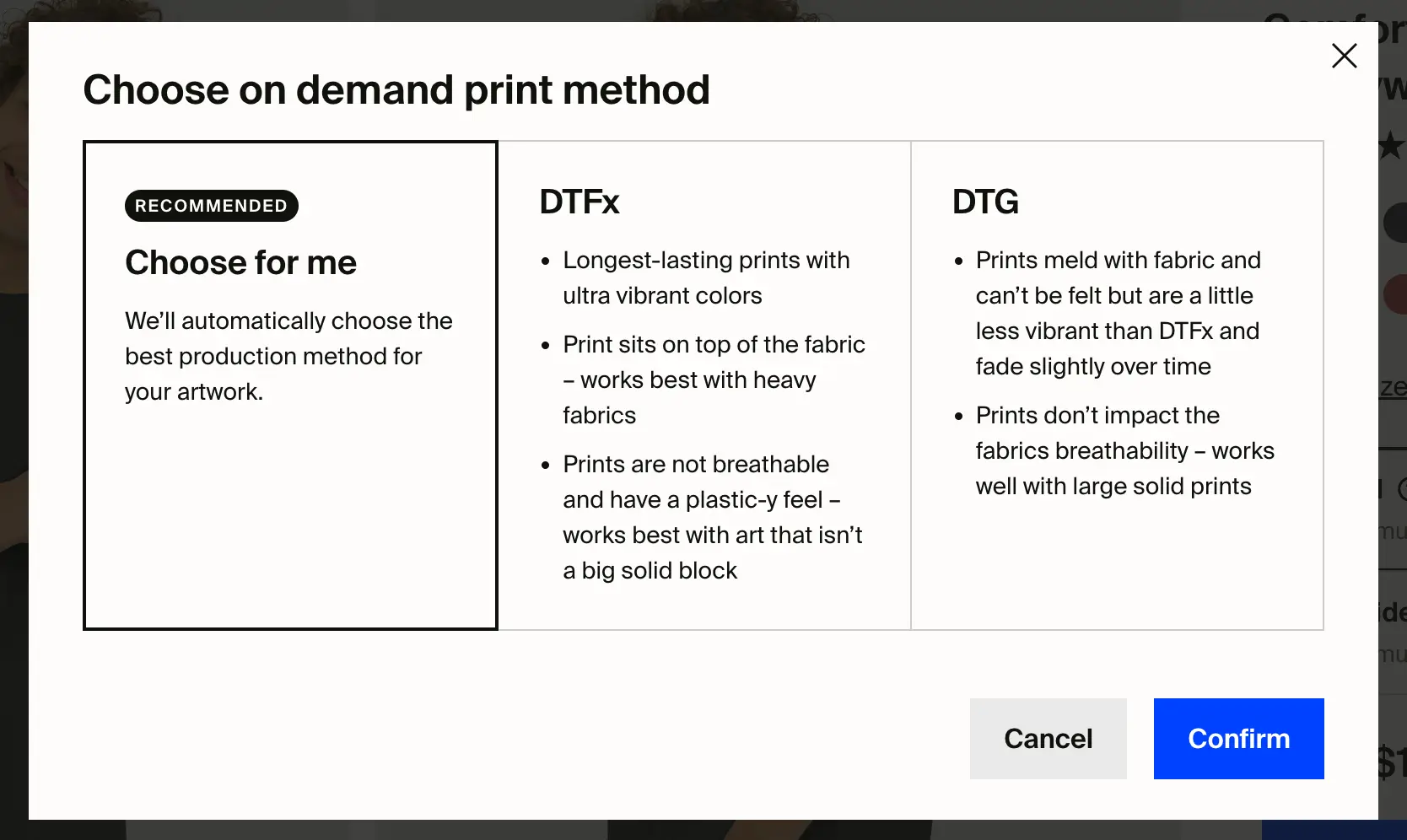 Screenshot of the pop up window that appears when you click the "Change" link to the right of the Printed option, which lets you pick between our recommended system and specific print techniques.