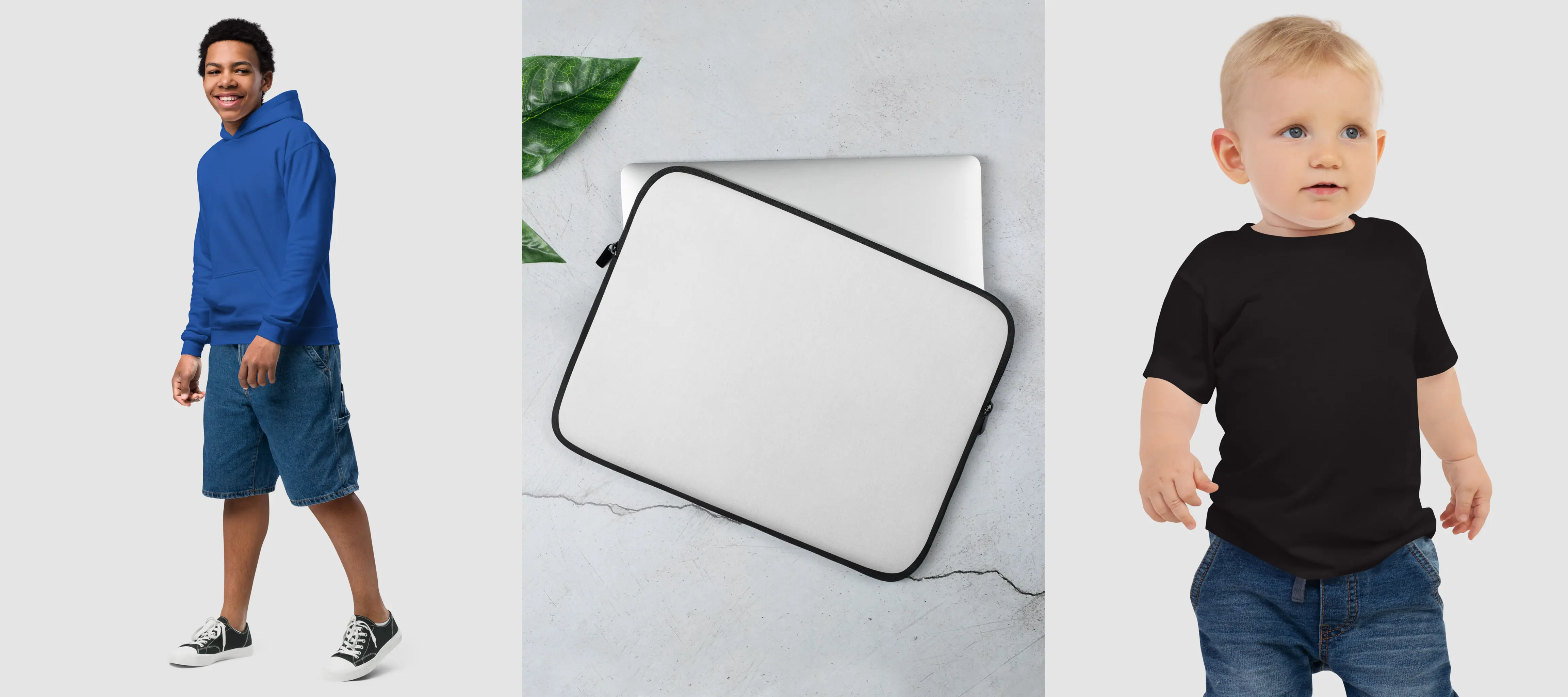 Screenshot of a youth hoodie, laptop sleeve, and baby t-shirt now available in the product catalog