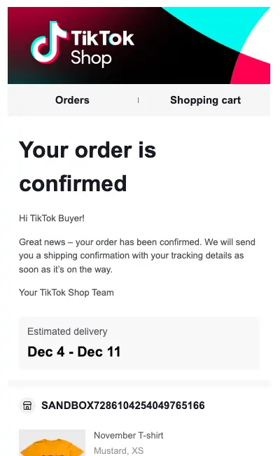 Screenshot of an order confirmation email sent by TikTok to r