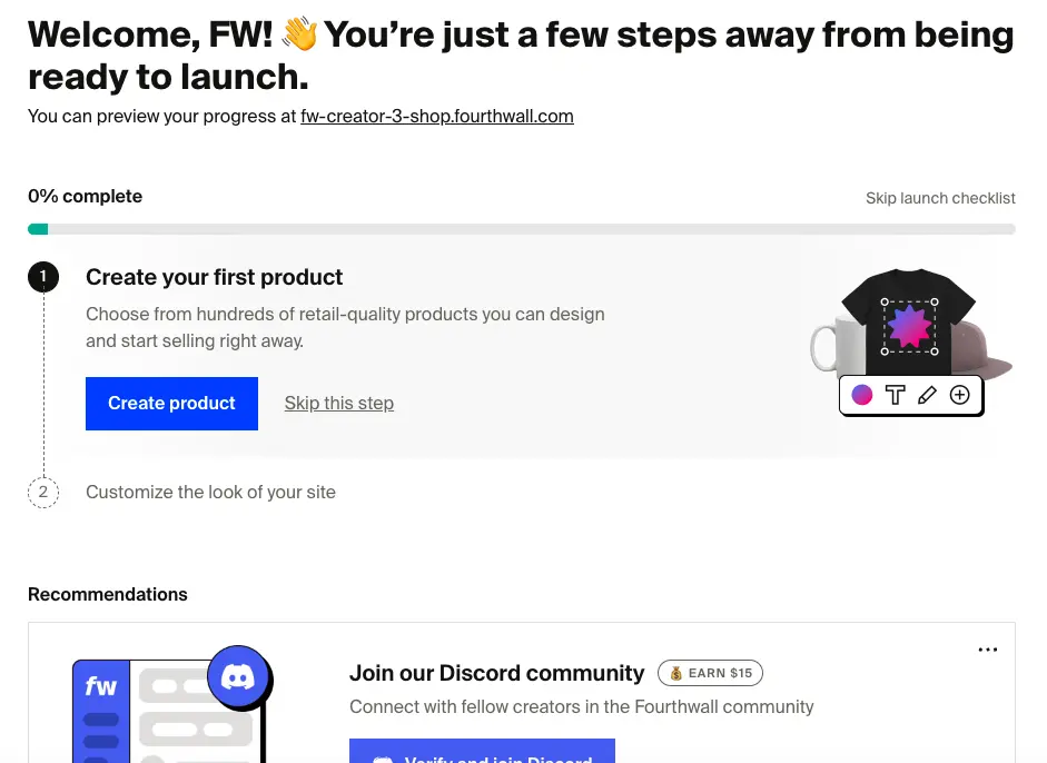 A screenshot of the new onboarding checklist new creators see when they first land on their Fourthwall admin dashboard