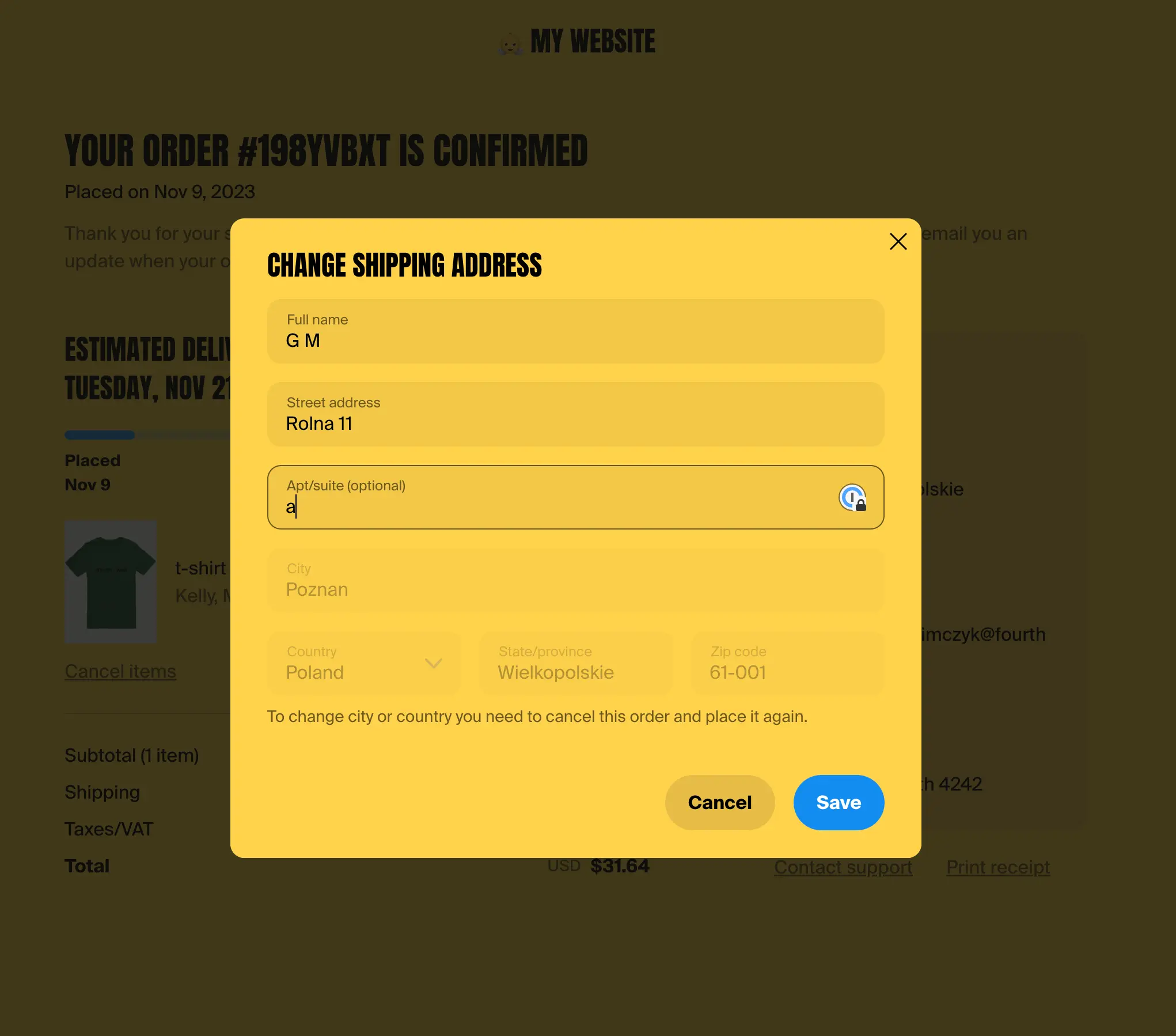 A screenshot showing the "Change Shipping Address" experience supporters find on their order confirmation screen