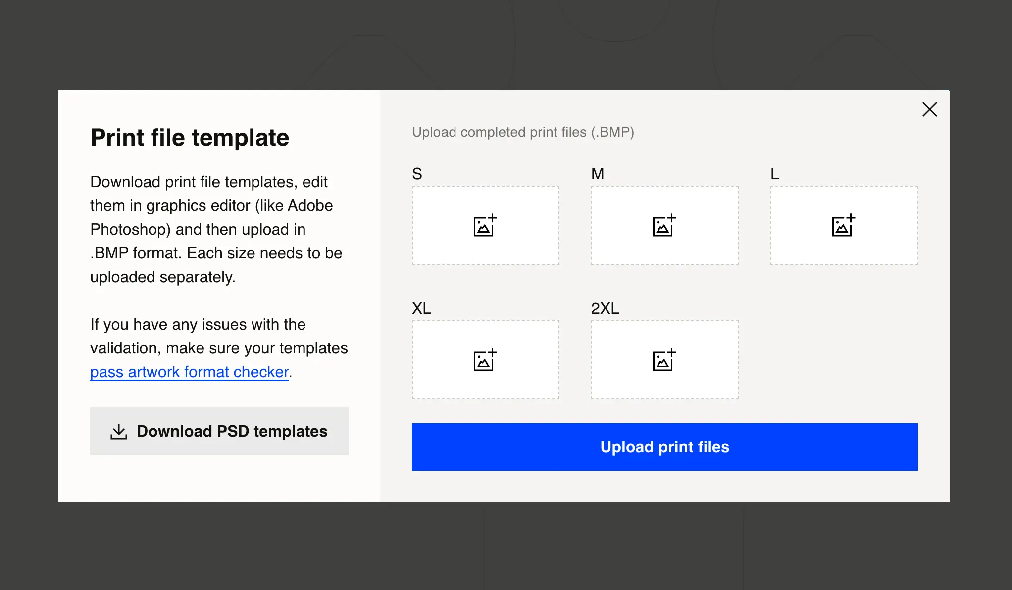 Screenshot of the Print file template experience now found in the product designer for knitweare