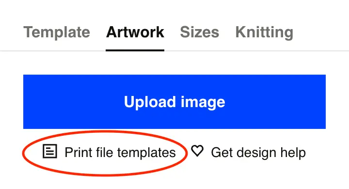 Screenshot of the "Print file templates" link underneath the "Upload image" button in the product design experience