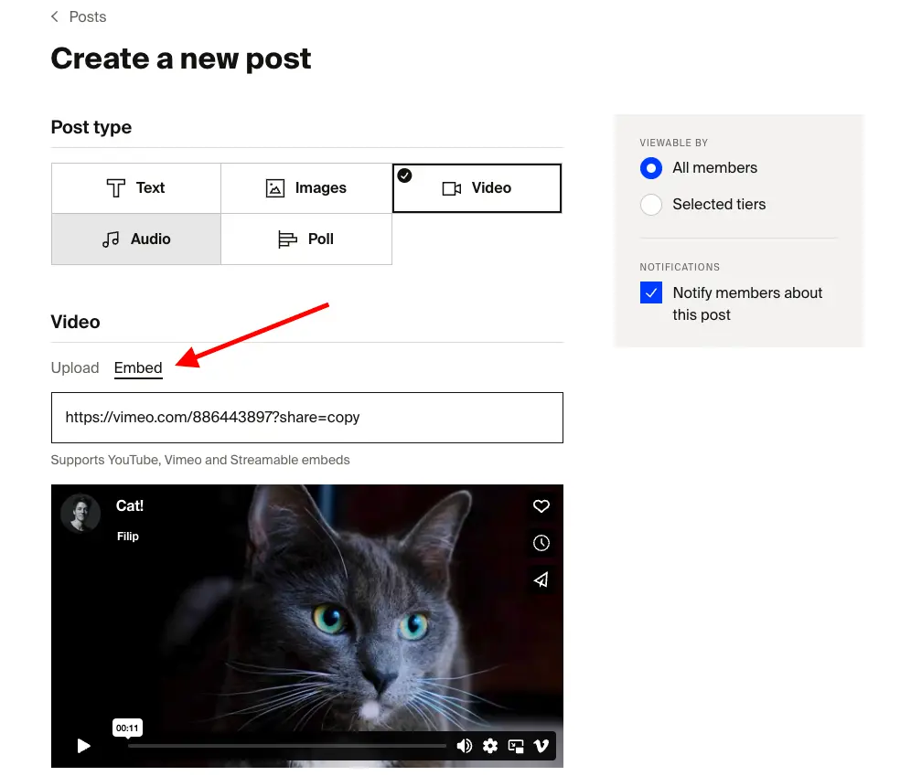 Screenshot of the "Create a new post" experience from Fourthwall's membership offering, highlighting that under the Video head you can select "Embed" and add Vimeo or Streamable links to embed those videos in the post 