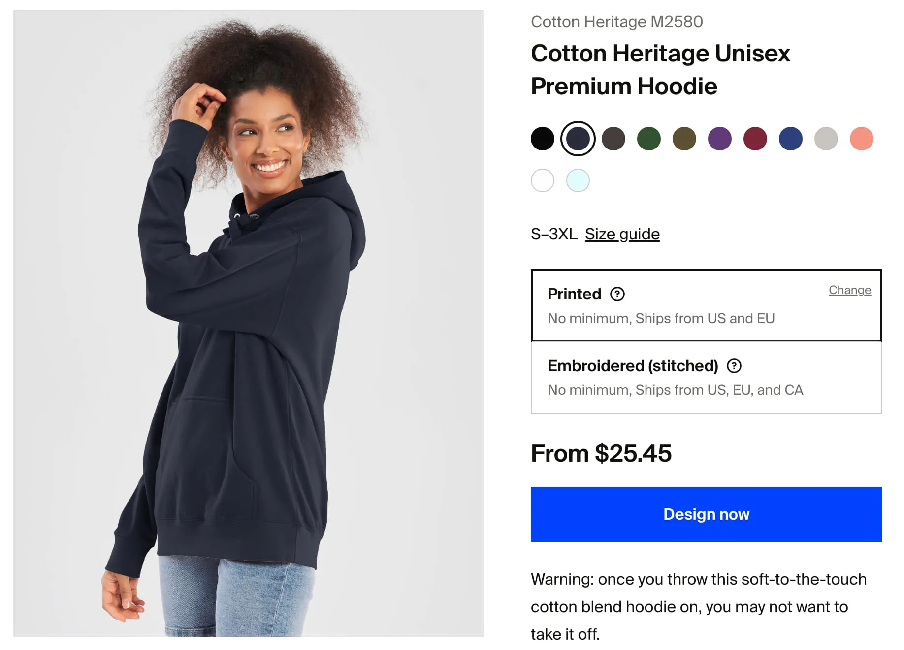 A screenshot of a product page on Fourthwall, howing that the default print technique is now "Printed", with a "Change" link in the top right