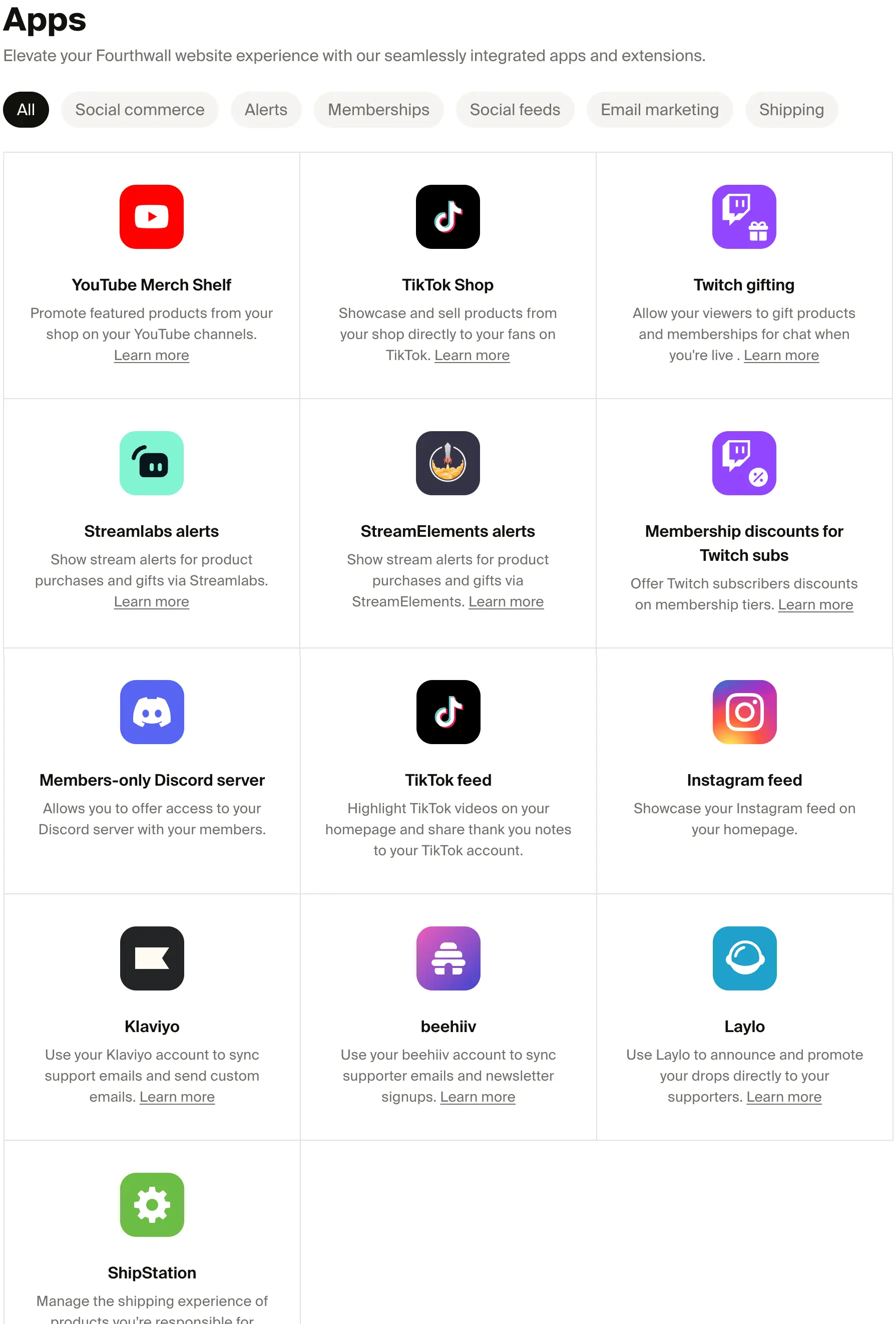 A screenshot of the Apps tab on a Fourthwall admin dashboard