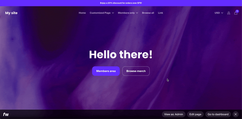 A gif showing off the new admin bar experience, where a admin changes a page from "view as: admin" to "view as: supporter" 