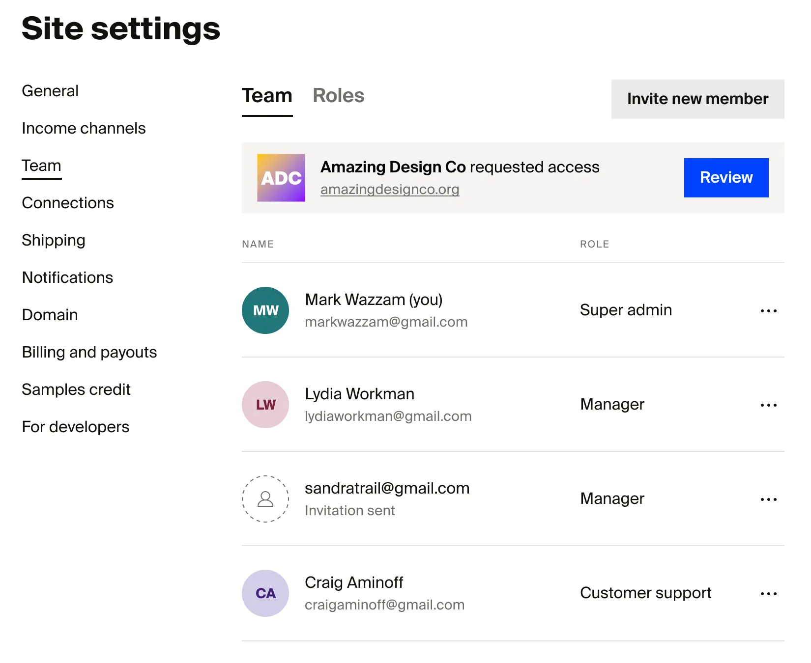 Screenshot of the Team tab, showing how a Partner can request access to a creator's site