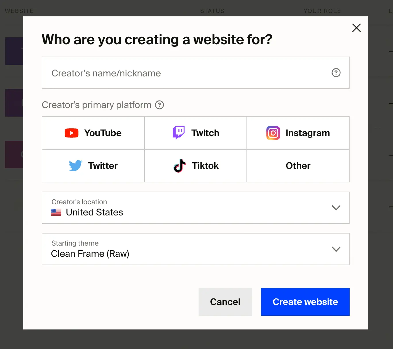 Screenshot showing the website creation flow in the Partner Dashboard