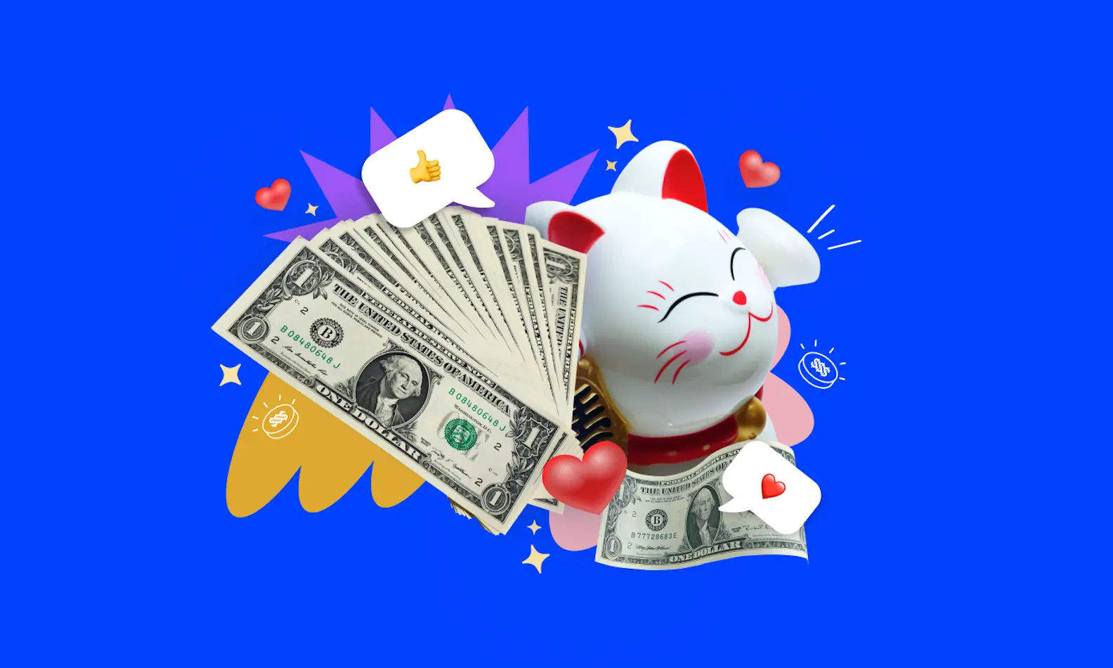  A Japanese style cat, money, and engagement icons on a bright blue background
