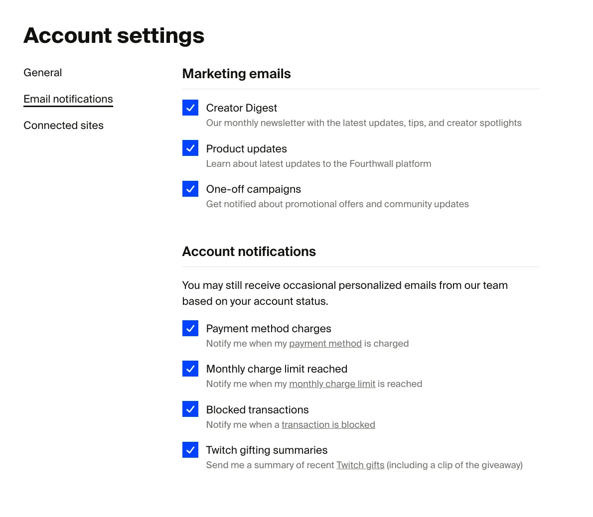 Account settings tab with email permissions