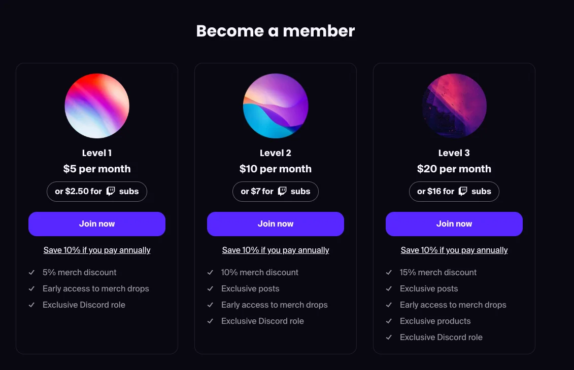 The screenshot shows the Tiers section that can be found on your homepage. This section promotes the available tiers that your supporters can subscribe to.