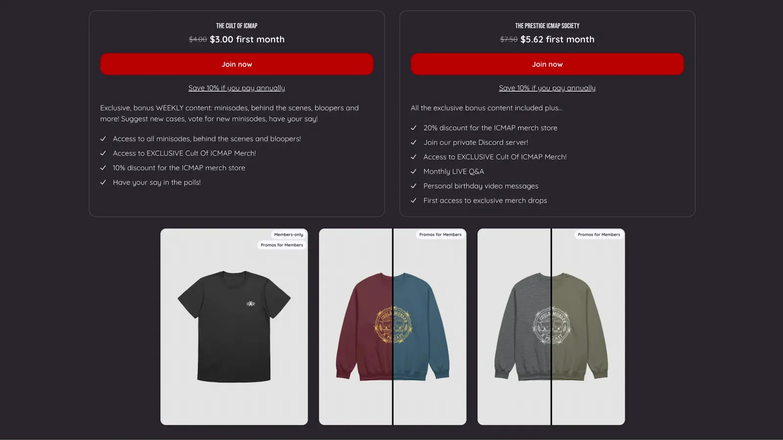 Screenshot showing the home page of I Could Murder A Podcast (ICMAP), a true crime podcast with a touch of humor.