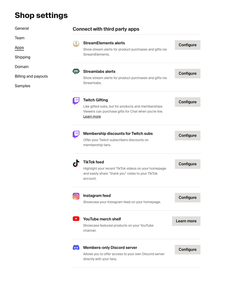 The screenshot shows the App Settings page available in the Fourthwall dashboard. You can use integrations with StreamElements, Streamlabs, Twitch Gifting, Twitch subscriber discounts, Instagram, Tiktok, and many others.