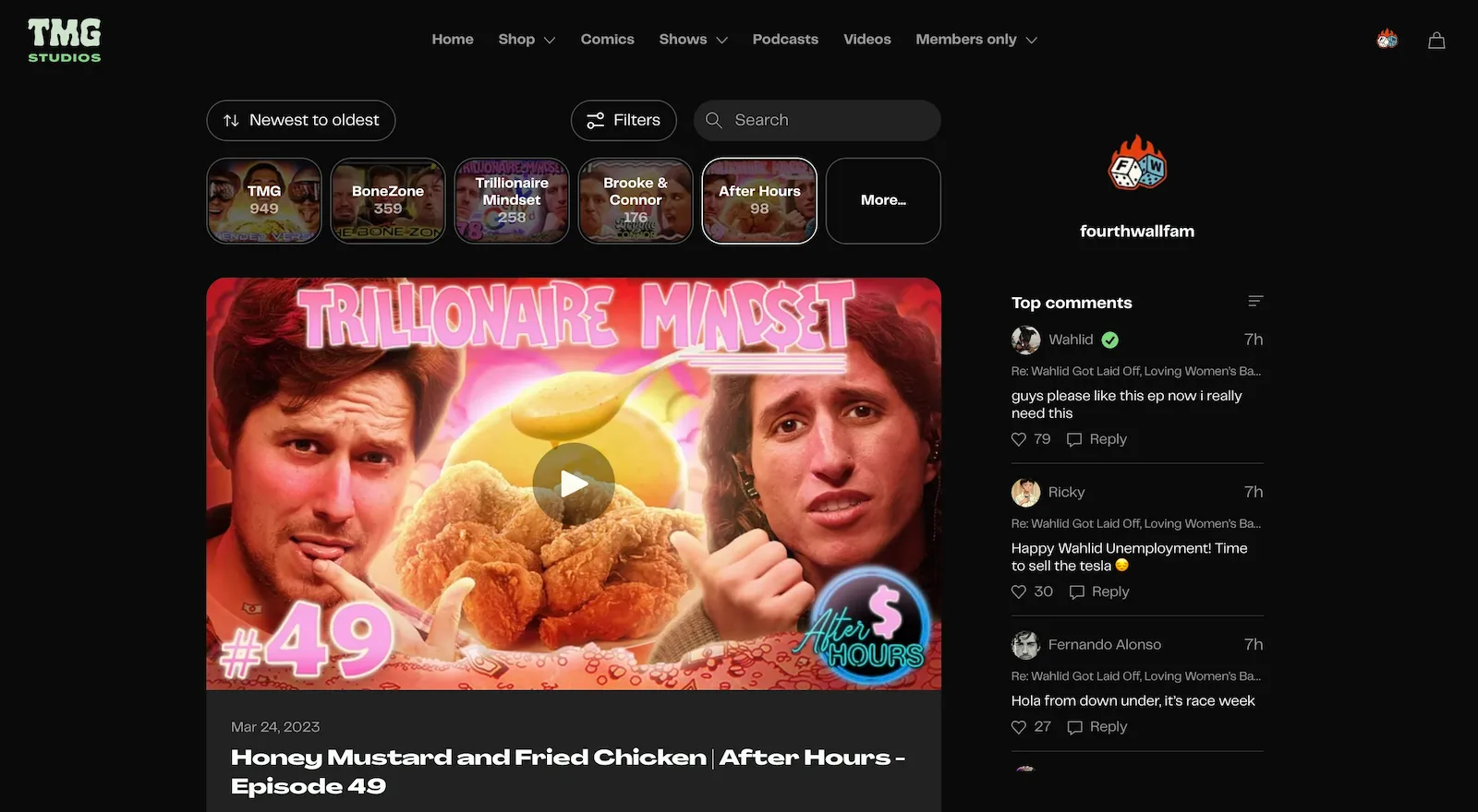 Screenshot shows the members-only feed for TMG Studios, which is the top podcast in the Comedy category. Comedians Cody Ko and Noel Miller founded the podcast.