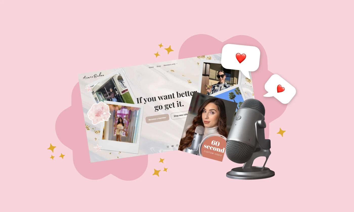 ASMRxBABEE's Fourthwall storefront, a still from one of her videos, and a microphone on a light pink background