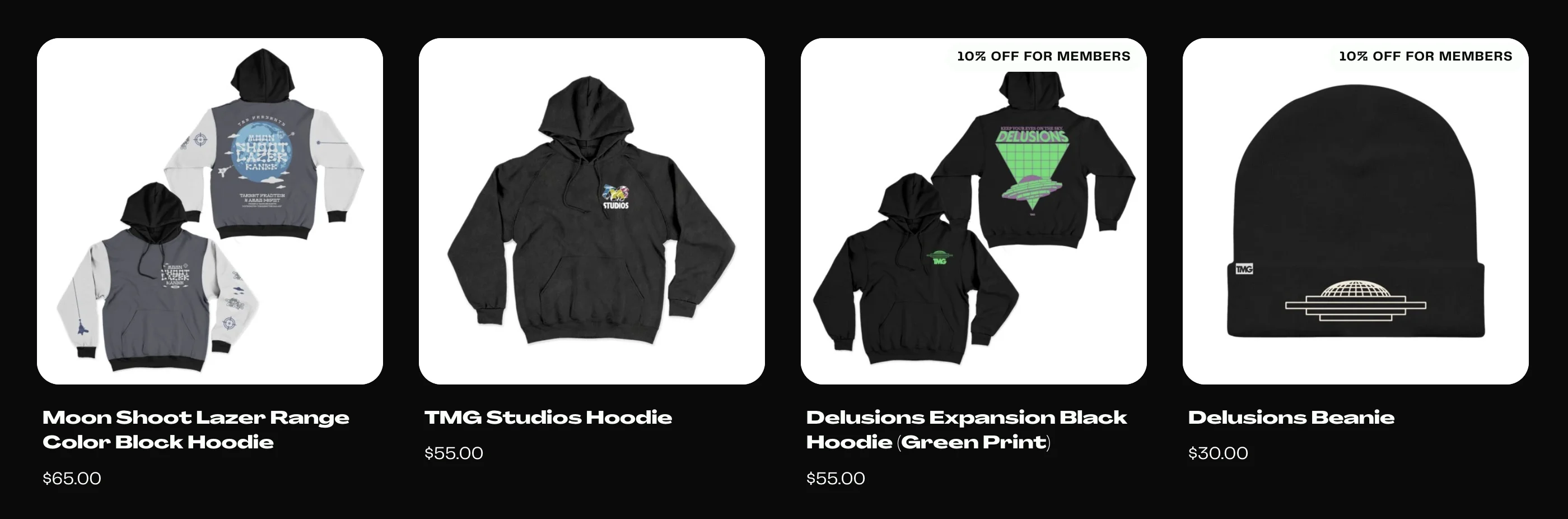 The screenshot shows a unique merch feature available only to your members. The screenshot is from the TMG Studios site.