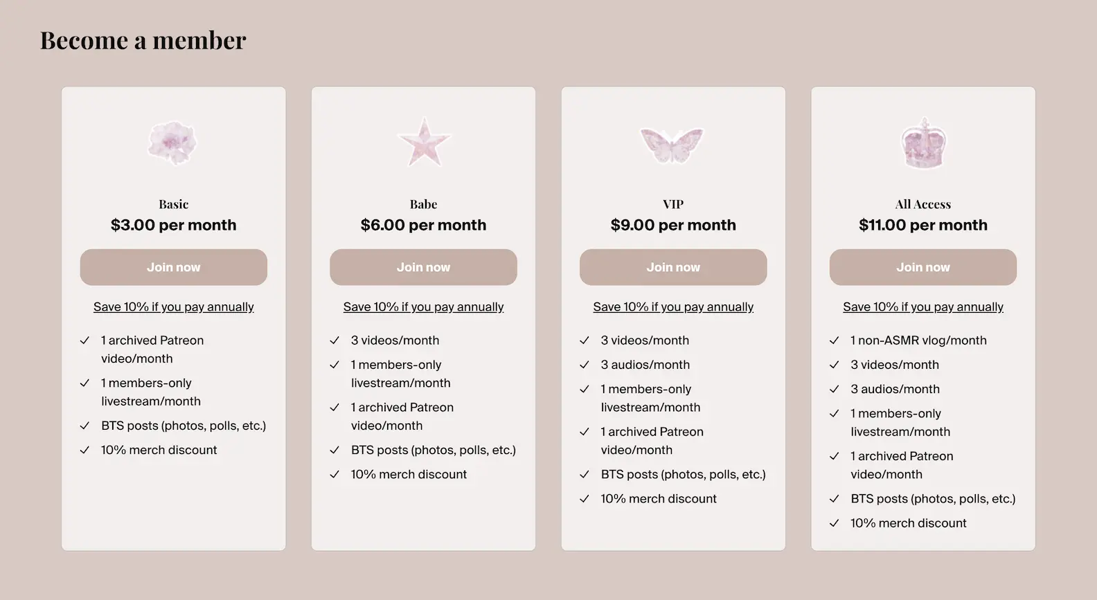 The four membership tiers ASMRxBABEE offers on her site