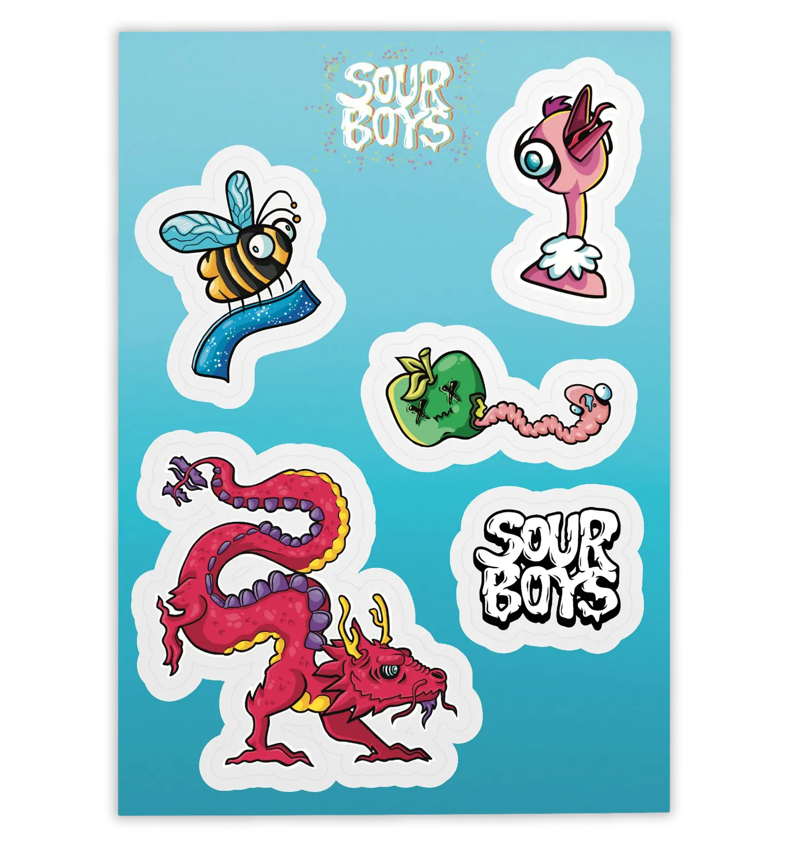 A sticker sheet from Oompaville's sour boys candy line shop