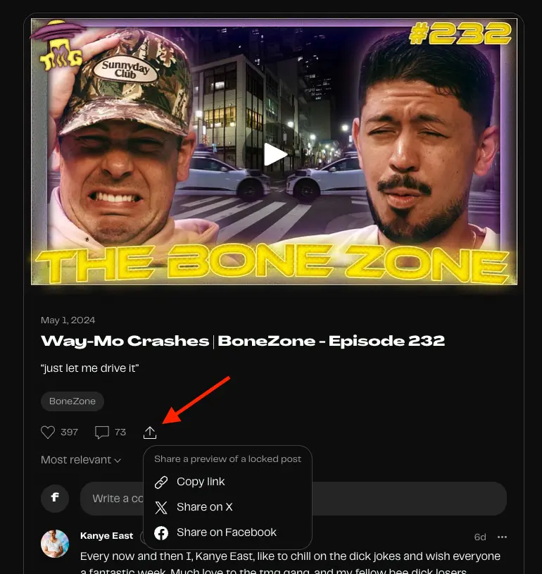 A screenshot of a members-only post showing the new share icon