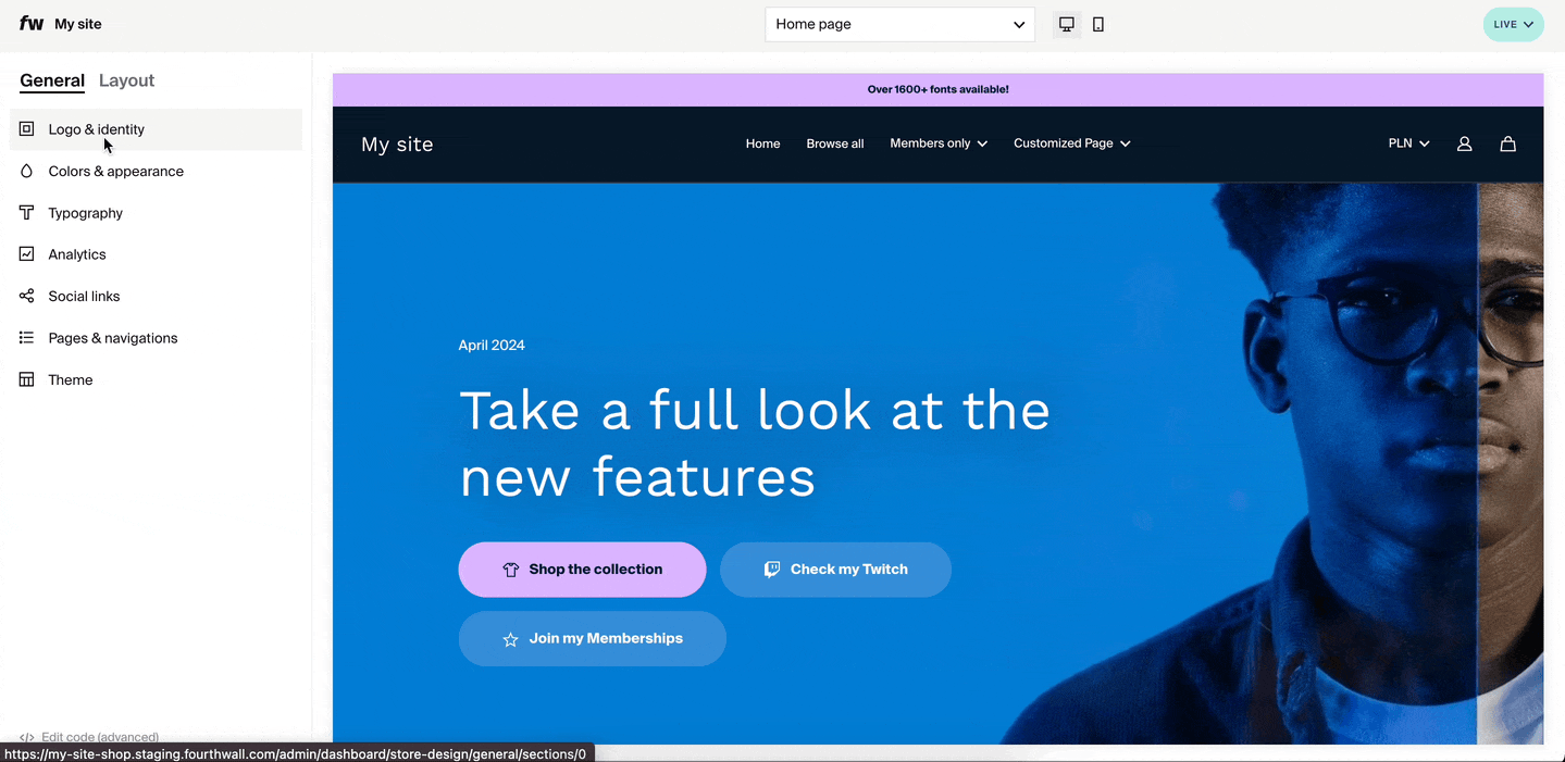 A gif showing new fonts in our site designer