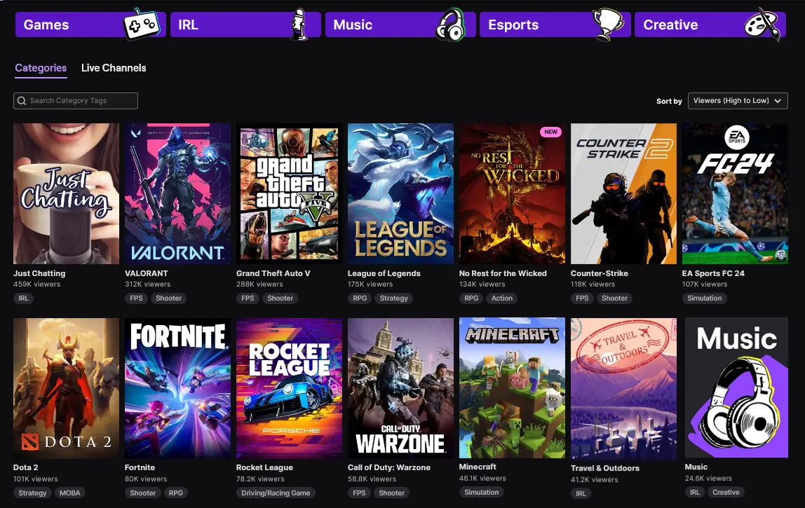 A screenshot of different streams on Twitch