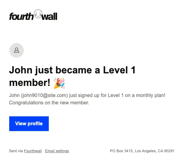 A screenshot showing an email notification about a new member sign-up