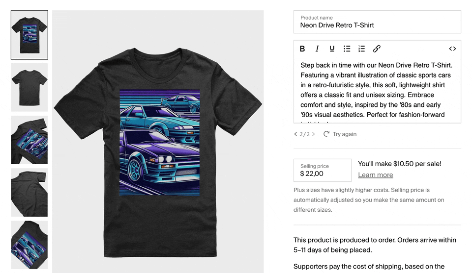 A gif showing how you can use AI to write a draft title/description while creating products