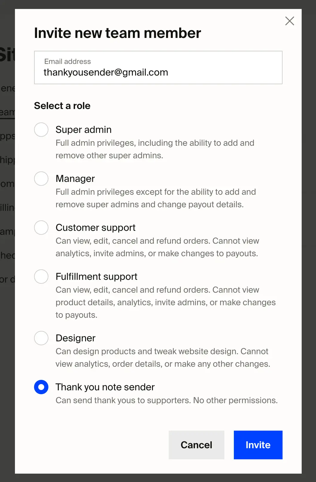 Screenshot showing the new team member invite form and the new "Thank you note sender" role that appears