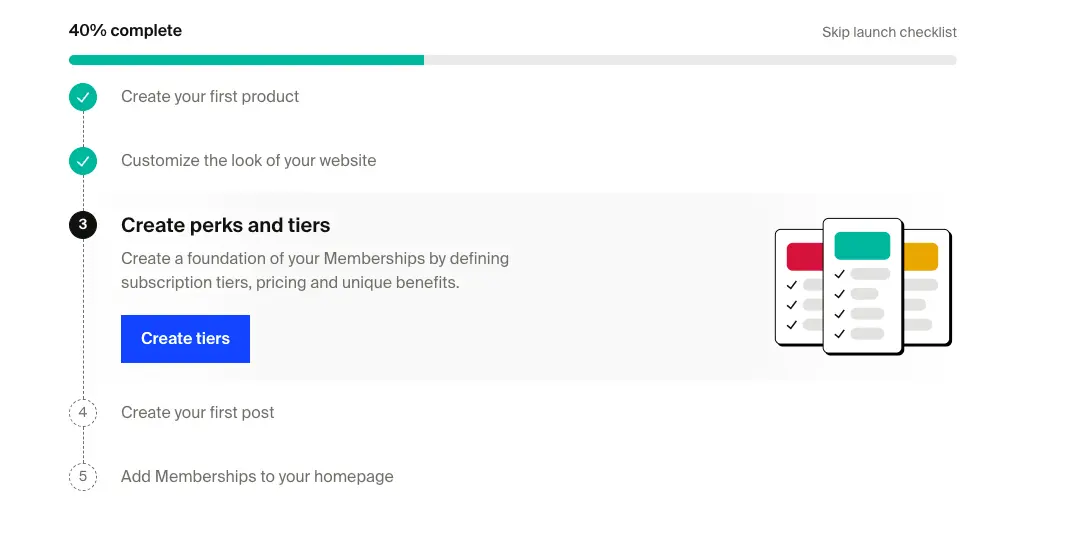 Screenshot of the onboarding checklist that helps you set up your shops and memberships when you create a new Fourthwall site