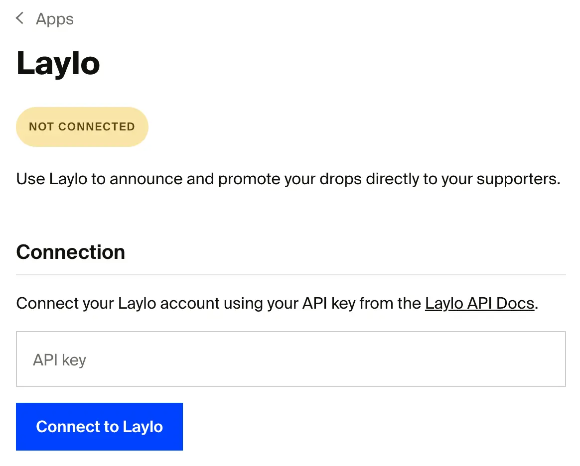 Screenshot showing the new Laylo app, available in the admin dashboard