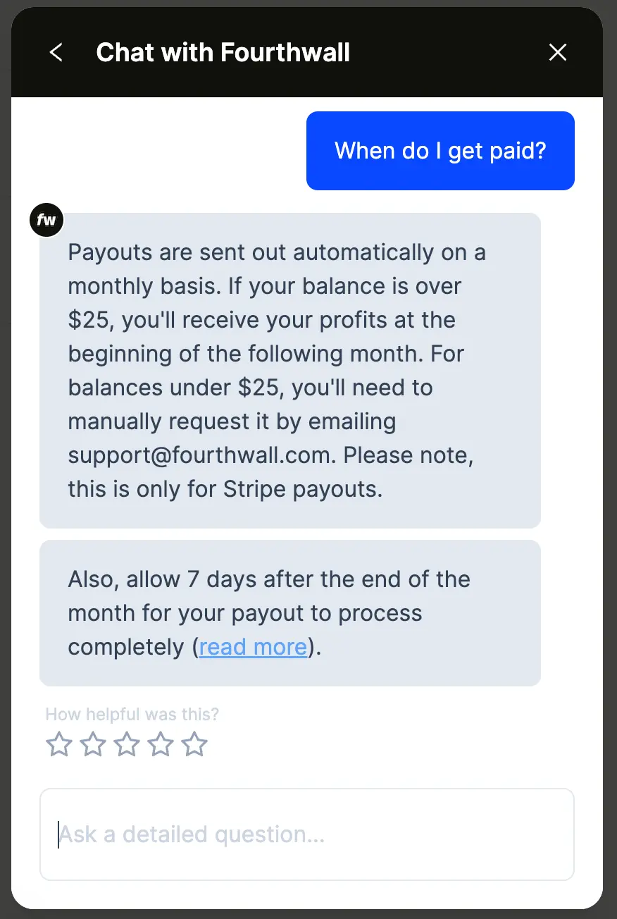 Screenshot showing a conversation with the AI support bot, where the creat