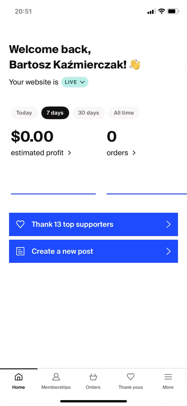 Screenshot showing a creator using the Fourthwall for Creators iOS app and viewing their samples credit